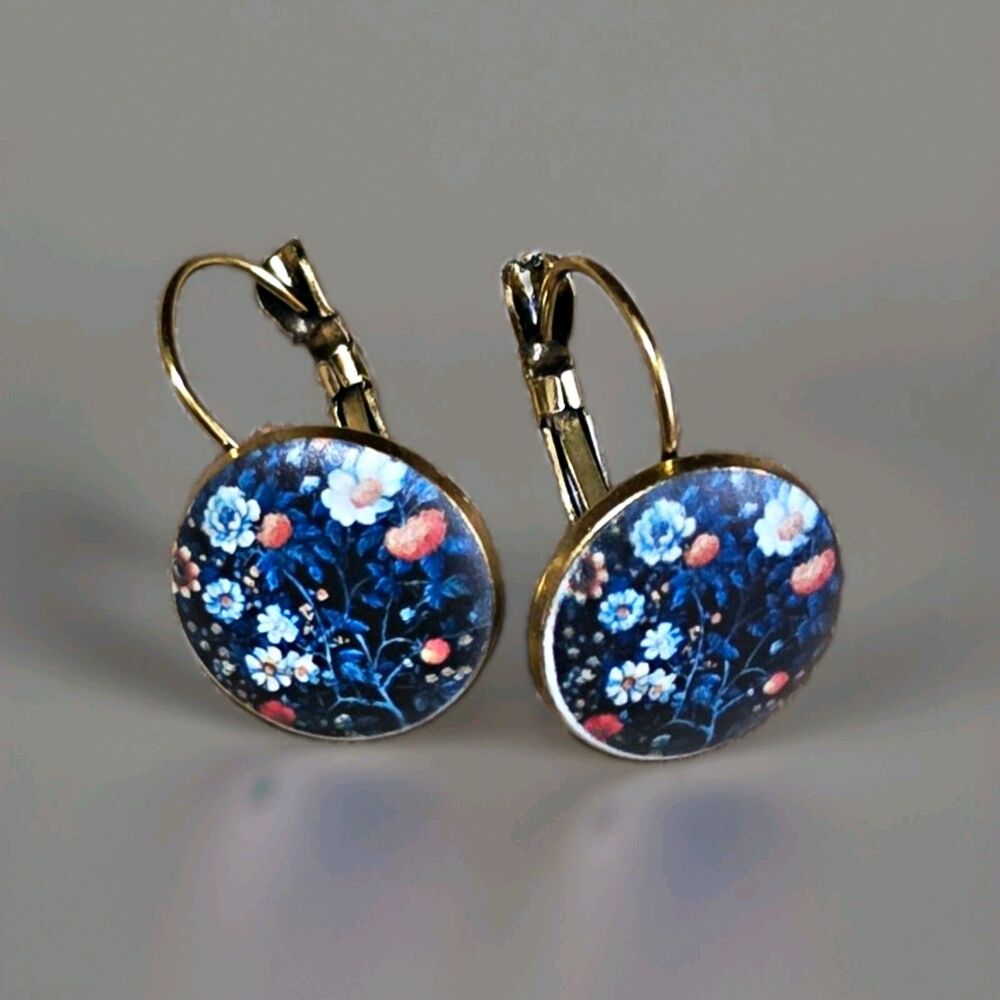 Floral Leverback Earrings Antique Gold Navy Blue Flowers Glossy Finish NWT